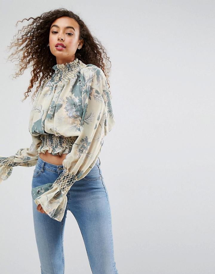 Asos Hand Smocked High Neck Blouse In Floral Print - Multi