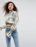 Asos Hand Smocked High Neck Blouse In Floral Print - Multi