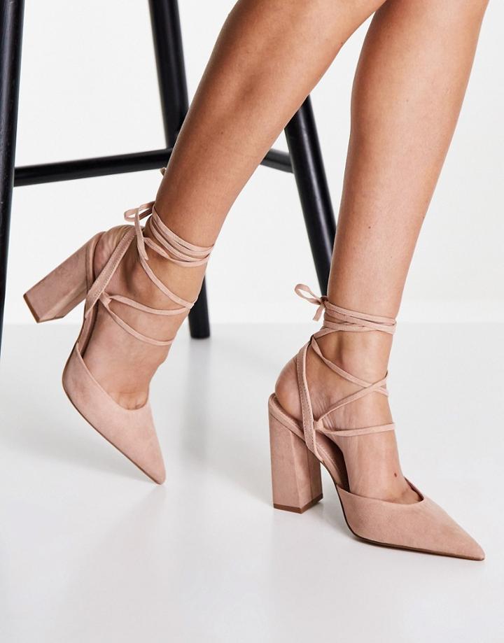 Asos Design Panda Tie Leg Block Heel Shoes In Taupe-neutral
