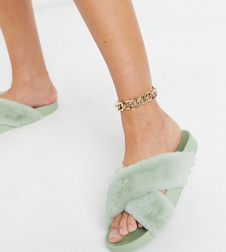 Asos Design Wide Fit Fiona Fluffy Crossover Slides In Sage Green