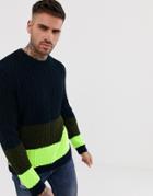 Asos Design Oversized Cable Knit Sweater With Neon Panel - Multi