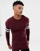 Asos Design Organic Muscle Longline Long Sleeve T-shirt With Contrast Sleeve Stripe In Burgundy-red