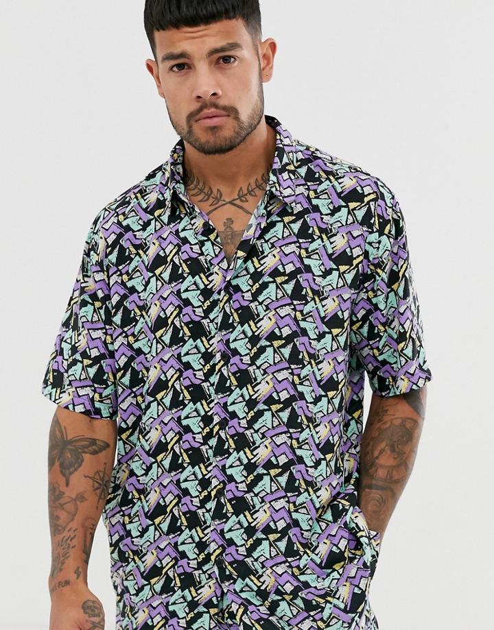 Bershka Short Sleeve Shirt With Geo Print In Purple - Multi