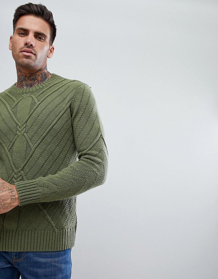 Bershka Cable Knit Sweater In Olive Green - Green