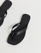 Asos Design Florence Leather Flip Flop Sandals In Black Croc