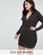 Club L Plus Glitter Plunge Front Bodycon Dress With Hood - Silver