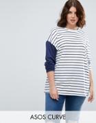 Asos Curve Top In Stripe With Color Block Sleeve - White