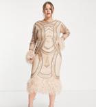 Asos Design Curve Long Sleeve Embellished Midi Dress With Feather Trims In Blush-multi