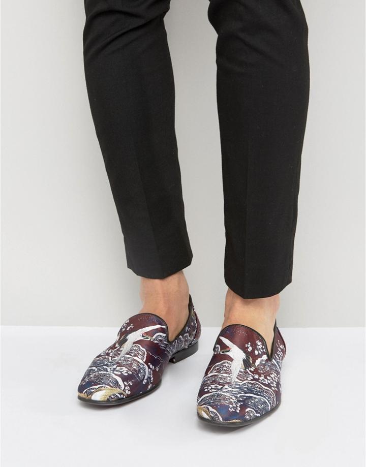 Asos Loafers With All Over Burgundy Bird Print - Navy