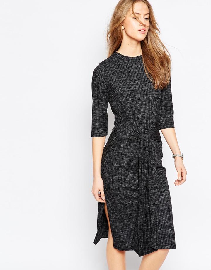 Asos Rib Tie Waist Column Dress - Charcoal