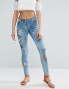 Parisian Floral Embroidered Jeans - Blue
