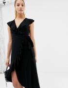 Asos Design Cape Back Frill Detail Wrap Dress - Black