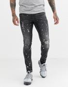 Asos Design Super Skinny Jeans In Washed Black With Paint Splatter
