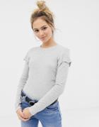 Brave Soul Lydialong Sleeve Top With Frill Detail - Gray