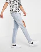 Asos Design Slim Jeans With Knee Rips In Vintage Light Wash Blue-blues
