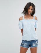Only Button Up Bardot Top - Blue