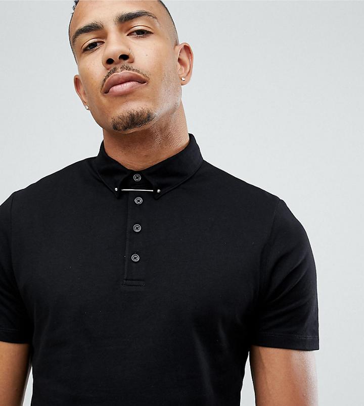 Asos Design Tall Polo Shirt With Collar Tie Pin - Black