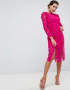 Asos Lace Ruffle Midi Column Dress - Pink