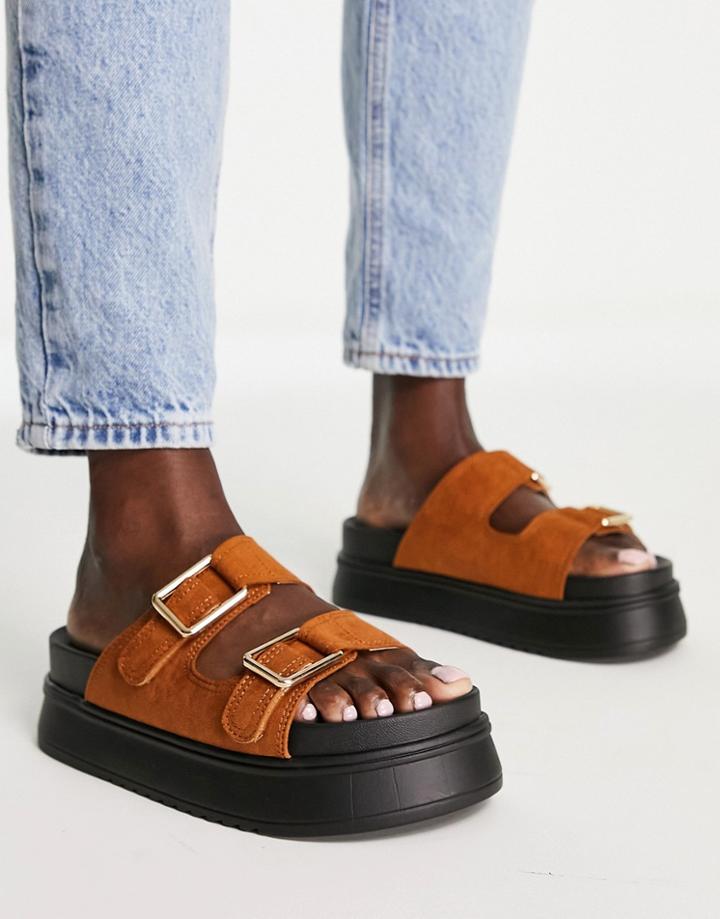 Truffle Collection Chunky Flatform Sliders With Double Buckle In Tan-brown