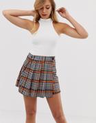 Boohoo Pleated Mini Skirt In Orange Check - Multi
