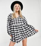 Asos Design Petite V-front Smock Romper In Mono Gingham-multi