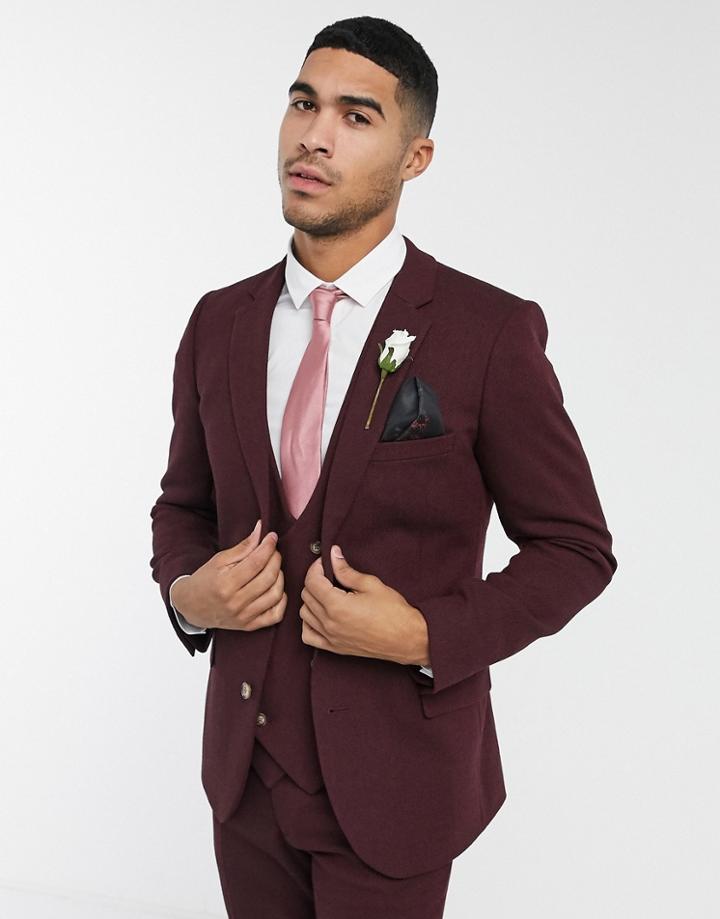 Asos Design Wedding Super Skinny Wool Mix Suit Jacket In Burgundy Twill-red
