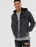 Asos Design Denim Jacket With Jersey Hood In Washed Black