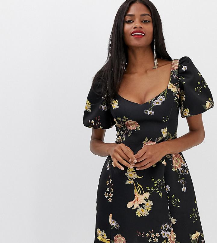 Asos Design Balloon Sleeve Mini Dress In Floral Print - Multi