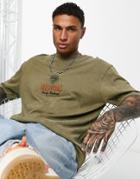 Topman Oversized Fit T-shirt With Oregon Embroidery In Khaki-green