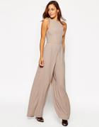 Asos Jumpsuit With Palazzo Leg And Strap Detail - Stone