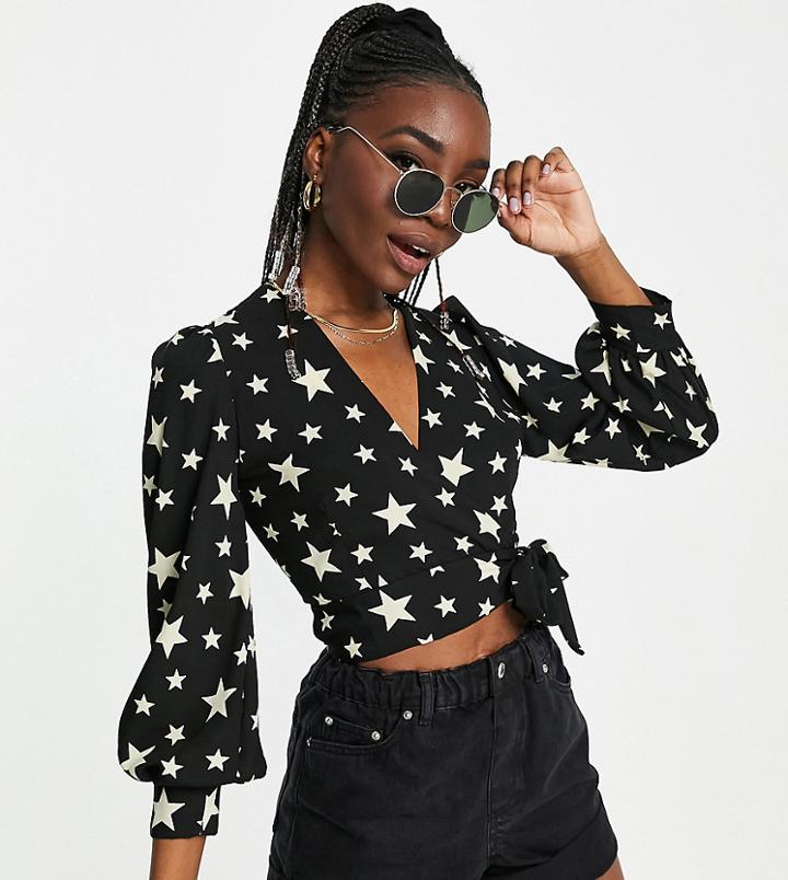 John Zack Tall Exclusive Wrap Detail Top With Tie In Black Star Print-multi