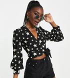 John Zack Tall Exclusive Wrap Detail Top With Tie In Black Star Print-multi