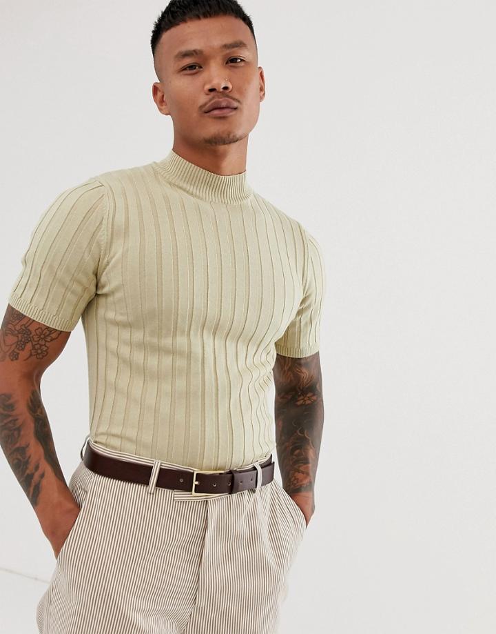 Asos Design Knitted Ribbed Turtleneck T-shirt In Oatmeal Twist - Beige