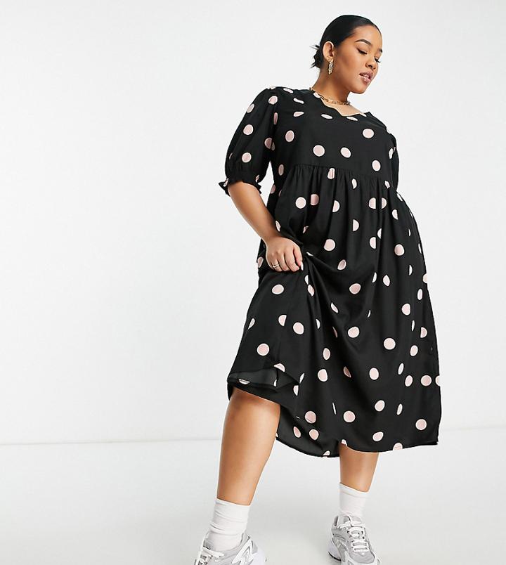 New Look Curve Midi Smock Dress In Black Polka Dot-red
