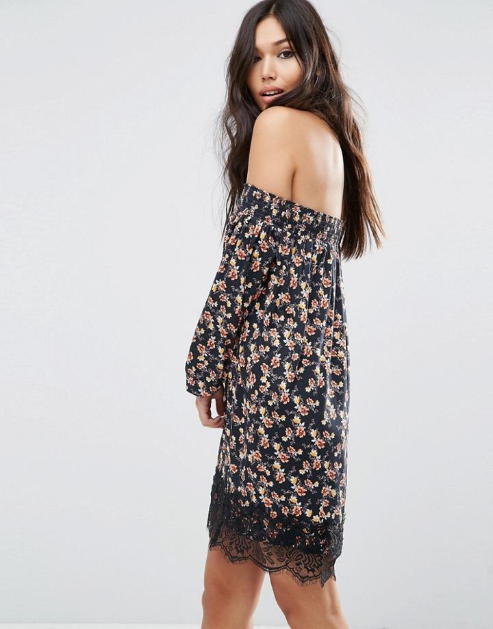 Asos Off Shoulder Dress In Ditsy With Lace Hem - Multi