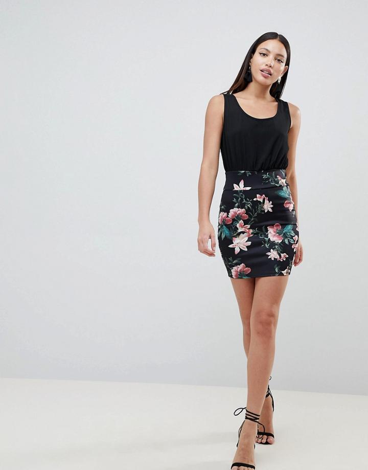 Ax Paris 2-in-1 Cami Skater Dress With Tropical Floral Skirt - Black