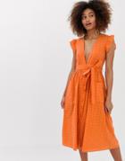 Neon Rose Plunge Front Midaxi Dress With Tie Waist In Broderie-orange