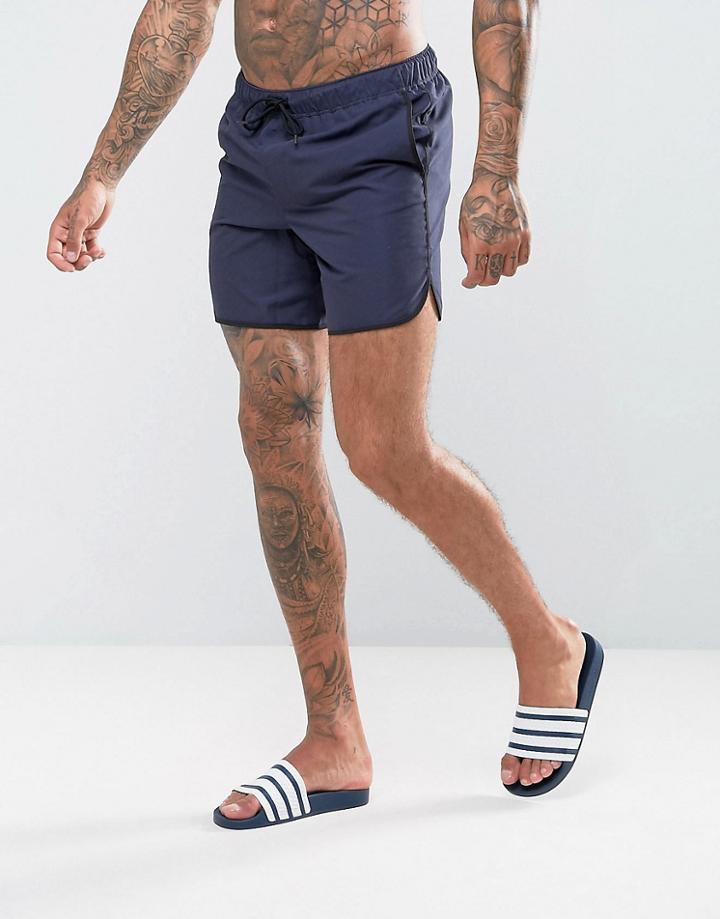 Asos Runner Swim Shorts In Navy Mid Length - Navy