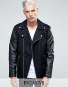 Black Dust Wool Biker Jacket With Leather Sleeves - Black
