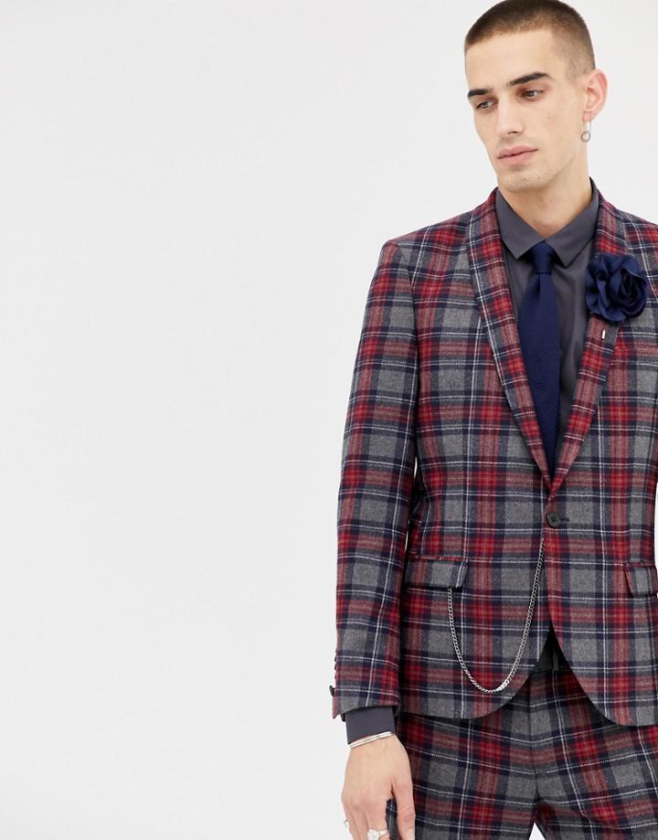 Twisted Tailor Super Skinny Suit Jacket With Plaid Check In Wool - Red