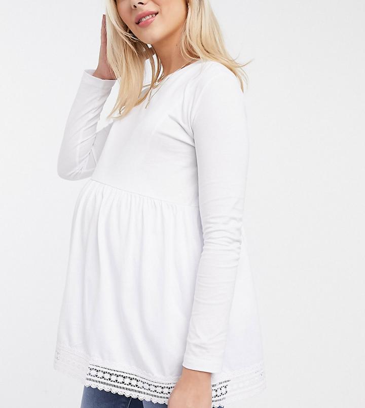 Asos Design Maternity Nursing Long Sleeve Smock Top With Crochet Hem-white