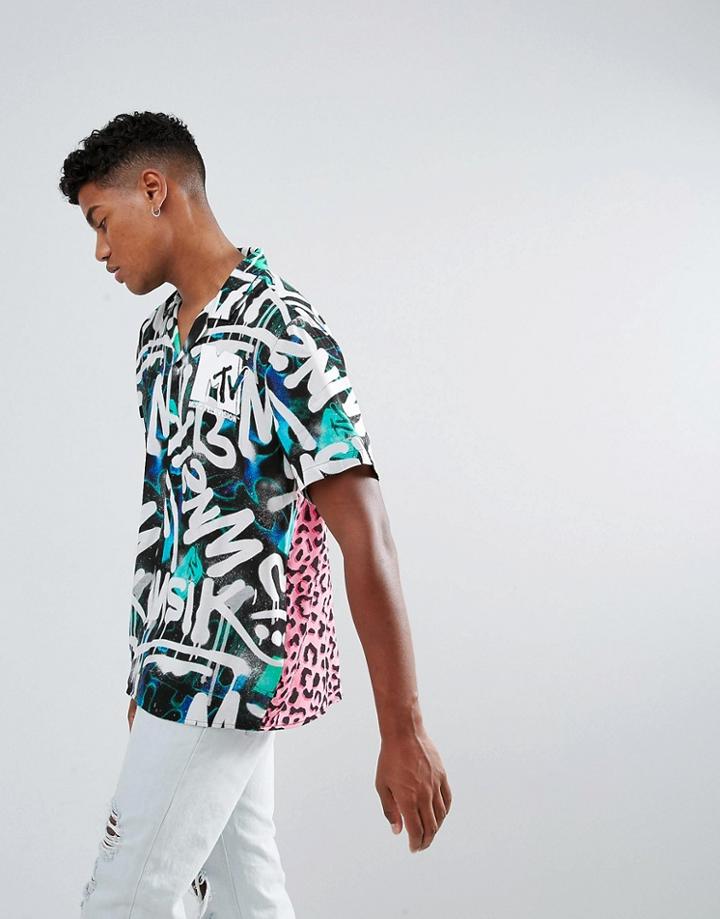 Asos X Mtv Oversized Graffiti Leopard Print Shirt - White