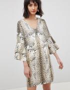 Vero Moda Leopard Print Dress With Tiered Sleeves - Multi