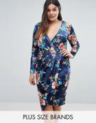 Club L Plus Asymmetric Hem Dress In Printed Velvet - Black