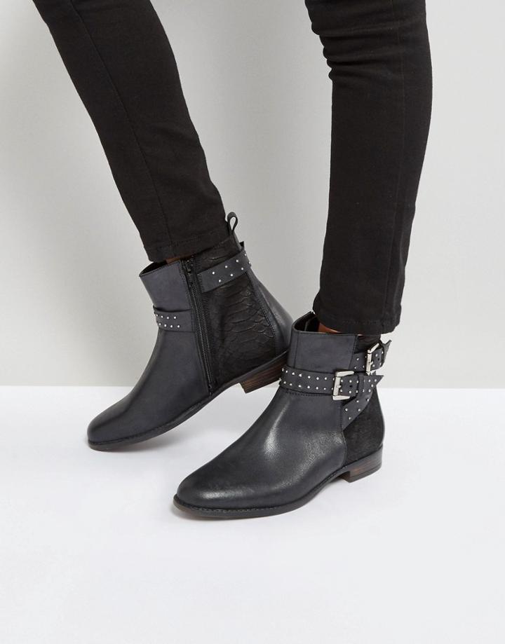 Rule London Stud Strap Flat Leather Boot - Black