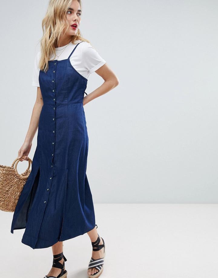 Warehouse Cami Strap Split Front Chambray Dress - Blue
