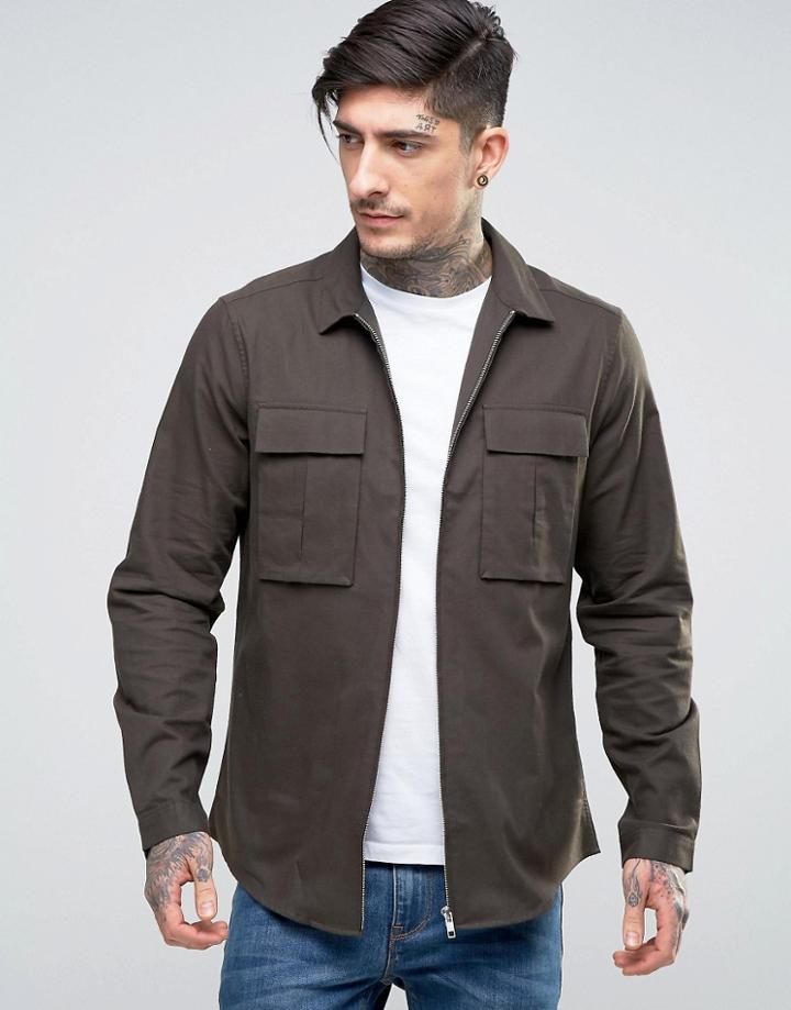 Asos Regular Fit Military Shirt With Double Pockets - Green