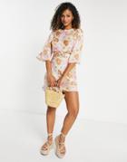 Asos Design Belted Satin Mini Dress With Angel Sleeve In Pastel Floral Print-multi