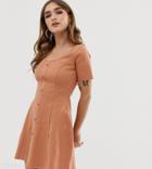 Asos Design Petite Short Sleeve Ribbed Button Through Tea Dress-brown