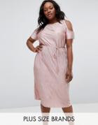 Club L Plus Midi Dress With Cold Shoulder In Pleated Metallic - Pink
